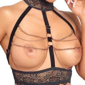 Abierta Fina Ouvert-Set mit busenfreiem Top und schrittoffenem String, Schwarz/Roségold, Größe S/M Abierta Fina Erotische Versuchung Schwarz Roségold Ouvert Set – Det