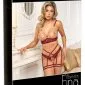 Abierta Fina Dark Romance Set - Busenfreier BH und Straps-Slip ouvert, Dunkelrot mit Samtbändern und roségoldenen Accessoires – Verpackung