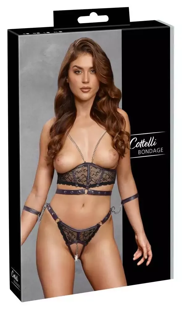 Cottelli BONDAGE Ouvert-Set Schwarz/Lila mit Handfesseln – Verpackung