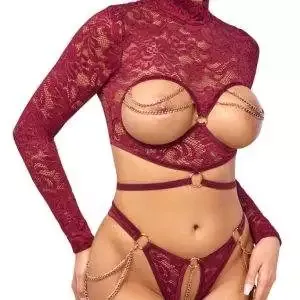 Abierta Fina Sinnliches Set in Dunkelrot mit Samtbändern und Ketten Abierta Fina, Size: S/M, Farbe: Dunkelrot - Erotik-Style Set