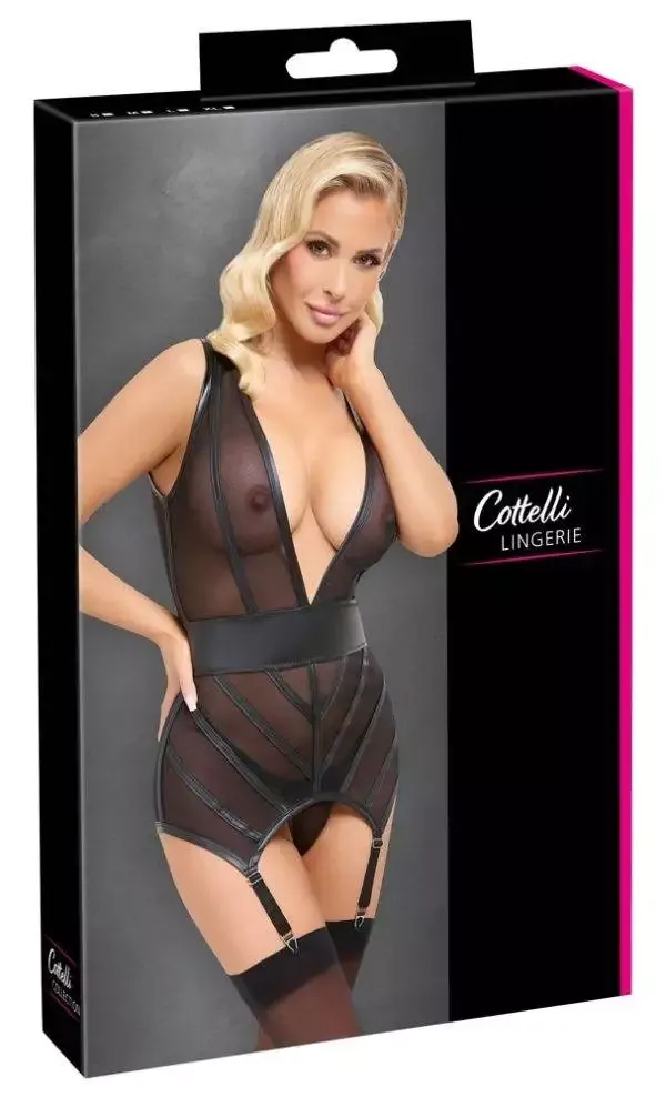 Cottelli LINGERIE Strapshemd Set - Schwarz, Powernet, Mattlook – Verpackung