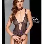 Cottelli BONDAGE Body ouvert mit fesselnden Extras, schwarz/lilafarben – Verpackung