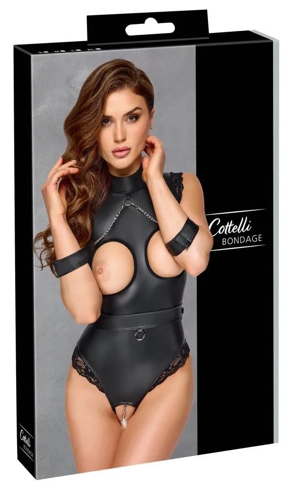 Cottelli BONDAGE Ouvert-Body mit Fesselgürtel in Schwarz – Verpackung
