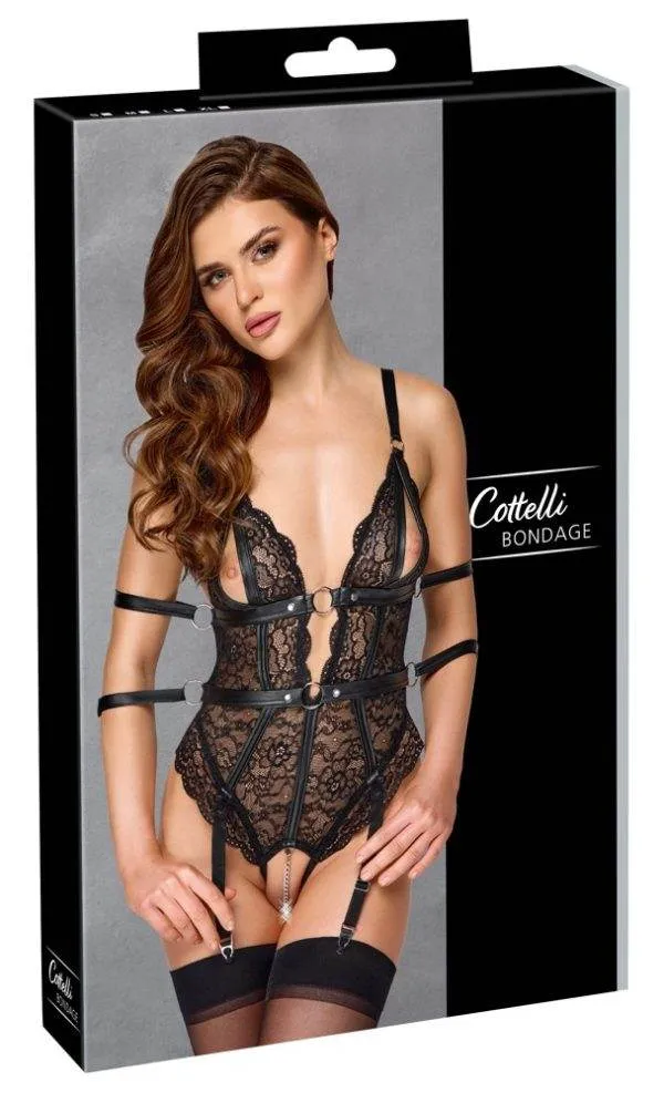 Cottelli BONDAGE Spitzen-Body ouvert mit Strapsen und Fesselbändern, Schwarz – Verpackung