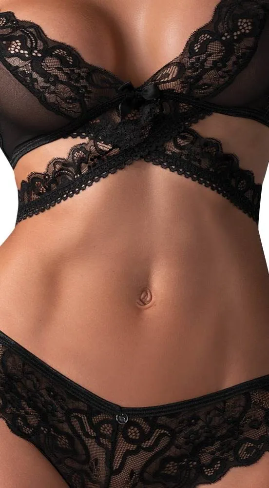 Obsessive Blomentis 2-teiliges Set, schwarz-transparent, Größe und Farbe wählbar Obsessive Blomentis Set - Verführerisches 2-teiliges Schwarz-Transparentes Set BH und Slip – Det