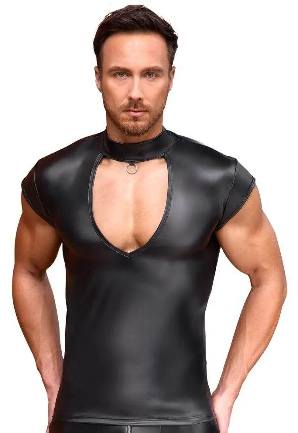 NEK Schwarzes Mattlook Shirt mit V-Cut-out und Stehkragen – A