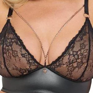 Cottelli CURVES Schwarzes Straps-Set mit BH, Slip ouvert und Strapsgürtel Cottelli CURVES Schwarzes Straps-Set mit roségoldenen Details in Größe M – Det