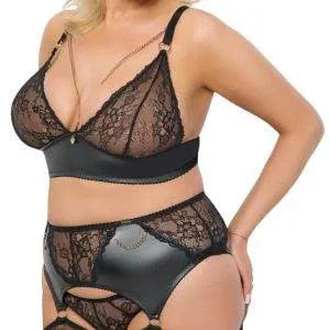 Cottelli CURVES Schwarzes Straps-Set mit BH, Slip ouvert und Strapsgürtel Cottelli CURVES Schwarzes Straps-Set mit roségoldenen Details in Größe M – B