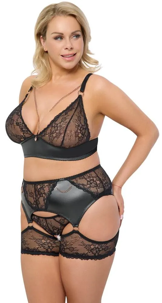 Cottelli CURVES Schwarzes Straps-Set mit BH, Slip ouvert und Strapsgürtel Cottelli CURVES Schwarzes Straps-Set mit roségoldenen Details in Größe M – B