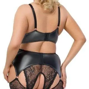 Cottelli CURVES Schwarzes Straps-Set mit BH, Slip ouvert und Strapsgürtel Cottelli CURVES Schwarzes Straps-Set mit roségoldenen Details in Größe M – Rückseite