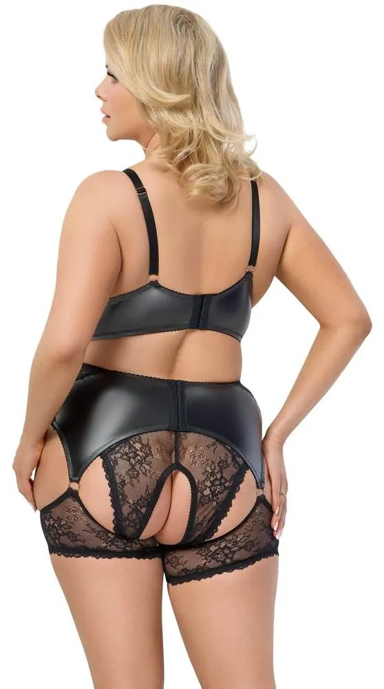 Cottelli CURVES Schwarzes Straps-Set mit BH, Slip ouvert und Strapsgürtel Cottelli CURVES Schwarzes Straps-Set mit roségoldenen Details in Größe M – Rückseite