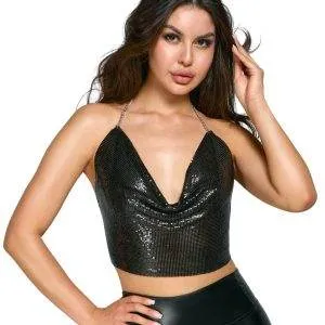 Cottelli ACCESSOIRES Schillerndes Rückenfreies Crop-Top, Schwarz-Silber, Wasserfall-Ausschnitt – A