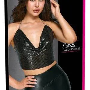 Cottelli ACCESSOIRES Schillerndes Rückenfreies Crop-Top, Schwarz-Silber, Wasserfall-Ausschnitt – Verpackung