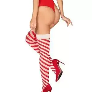 Obsessive Ringel-Halterlose Strümpfe in Rot-Weiß, Größe S/M Obsessive Ringel-Halterlose Strümpfe in Rot-Weiß, Größe S/M – Rückseite
