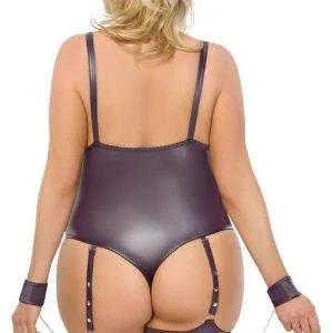 Cottelli BONDAGE Stringbody Dunkellila, Größe S/M, Mattlook mit abnehmbaren Fesseln Cottelli BONDAGE Stringbody Dunkellila, Größe S/M, Mattlook mit abnehmbaren Fesseln – Rückseite