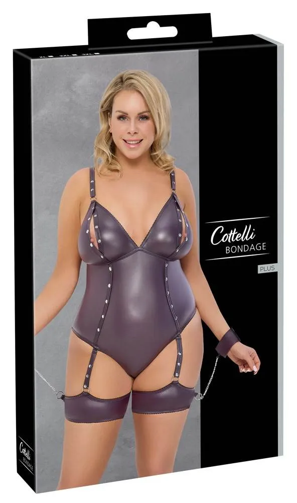 Cottelli BONDAGE Stringbody Dunkellila, Größe S/M, Mattlook mit abnehmbaren Fesseln – Verpackung