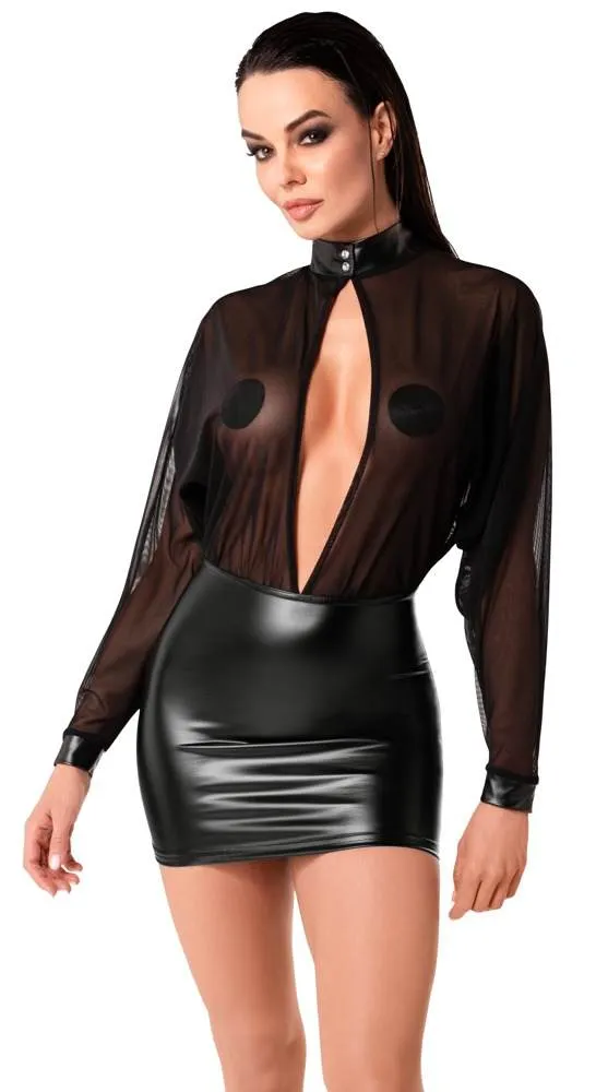 Noir Schwarzes Minikleid mit Tüll und Powerwetlook, Größe S, Schwarz Noir Powerwetlook Minikleid Schwarz – A