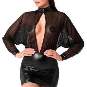 Noir Schwarzes Minikleid mit Tüll und Powerwetlook, Größe S, Schwarz Noir Powerwetlook Minikleid Schwarz – B