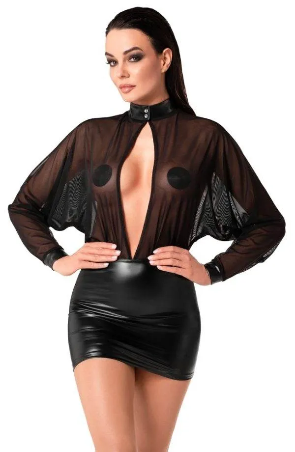 Noir Schwarzes Minikleid mit Tüll und Powerwetlook, Größe S, Schwarz Noir Powerwetlook Minikleid Schwarz – B