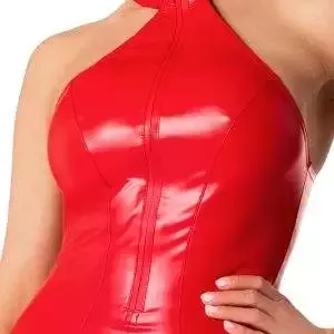 Noir Knallrotes Schulterfreies Powerwetlook-Kleid in Knielänge Noir Knallrotes Schulterfreies Powerwetlook-Kleid in Knielänge – Det