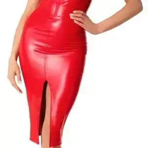 Noir Knallrotes Schulterfreies Powerwetlook-Kleid in Knielänge Noir Knallrotes Schulterfreies Powerwetlook-Kleid in Knielänge – B