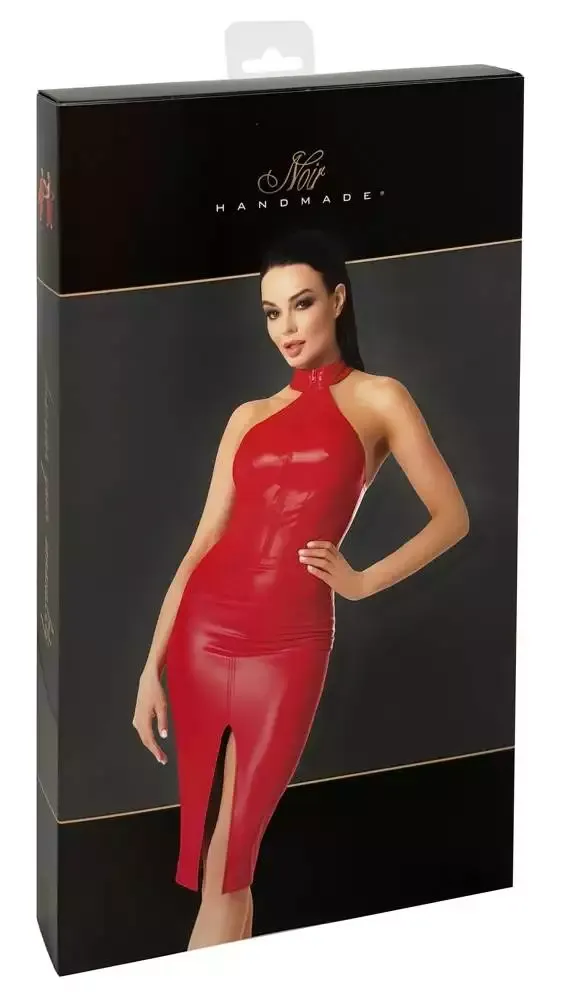 Noir Knallrotes Schulterfreies Powerwetlook-Kleid in Knielänge – Verpackung