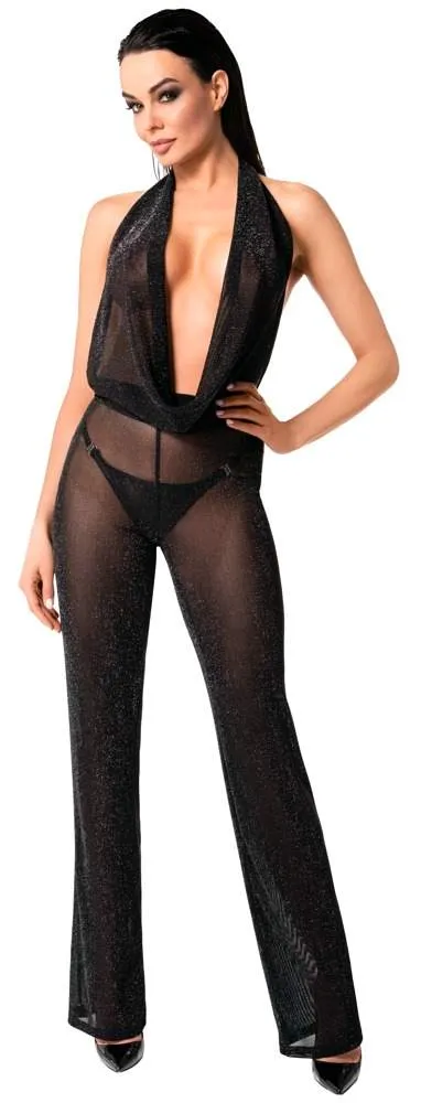 Noir Schwarzer Powernet Overall mit Wasserfall-Ausschnitt Noir Schwarzer Powernet Overall mit Wasserfall-Ausschnitt – A