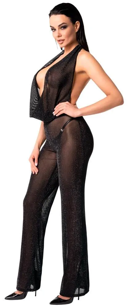 Noir Schwarzer Powernet Overall mit Wasserfall-Ausschnitt Noir Schwarzer Powernet Overall mit Wasserfall-Ausschnitt – B