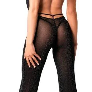 Noir Schwarzer Powernet Overall mit Wasserfall-Ausschnitt Noir Schwarzer Powernet Overall mit Wasserfall-Ausschnitt – Rückseite