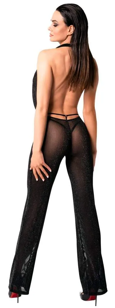 Noir Schwarzer Powernet Overall mit Wasserfall-Ausschnitt Noir Schwarzer Powernet Overall mit Wasserfall-Ausschnitt – Rückseite