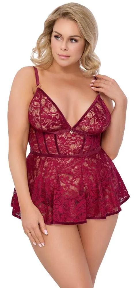 Cottelli CURVES Babydoll und Slip Ouvert Set - Dunkelrot – A