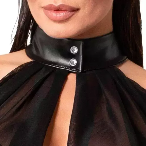 Noir Transparenz-Top Noir Schwarzes Tüll-Top in Cape-Style mit Powerwetlook-Halsband, Größe XS, Schwarz – Det