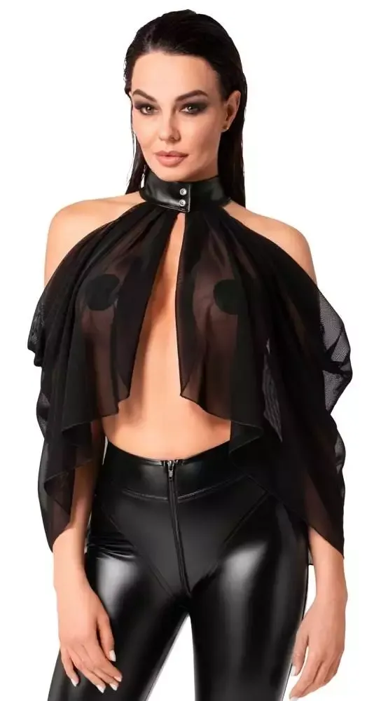 Noir Schwarzes Tüll-Top in Cape-Style mit Powerwetlook-Halsband, Größe XS, Schwarz – A