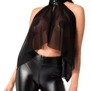 Noir Transparenz-Top Noir Schwarzes Tüll-Top in Cape-Style mit Powerwetlook-Halsband, Größe XS, Schwarz – B