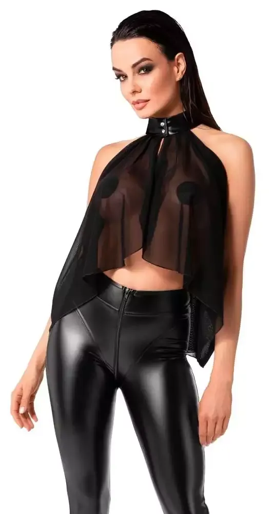 Noir Schwarzes Tüll-Top in Cape-Style mit Powerwetlook-Halsband, Größe XS, Schwarz – B