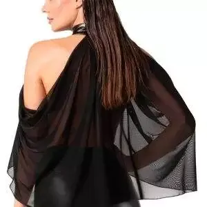 Noir Transparenz-Top Noir Schwarzes Tüll-Top in Cape-Style mit Powerwetlook-Halsband, Größe XS, Schwarz – Rückseite