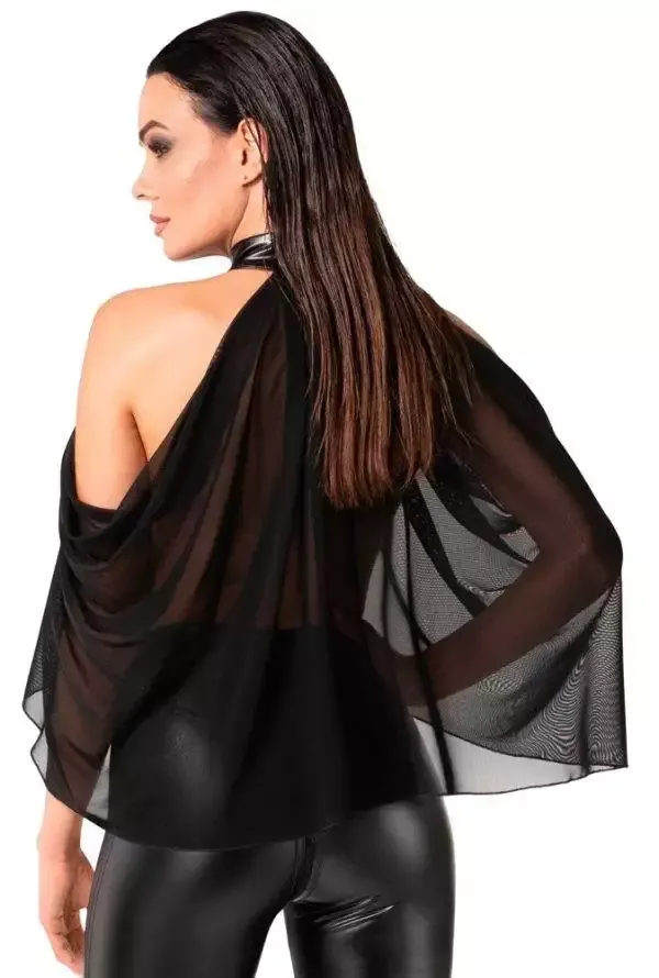 Noir Transparenz-Top Noir Schwarzes Tüll-Top in Cape-Style mit Powerwetlook-Halsband, Größe XS, Schwarz – Rückseite