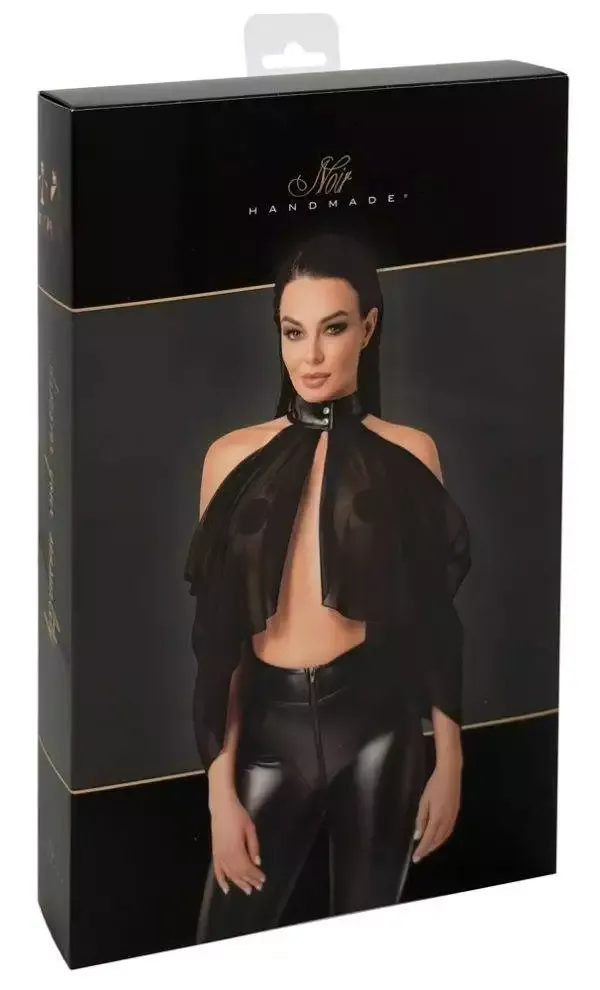 Noir Schwarzes Tüll-Top in Cape-Style mit Powerwetlook-Halsband, Größe XS, Schwarz – Verpackung