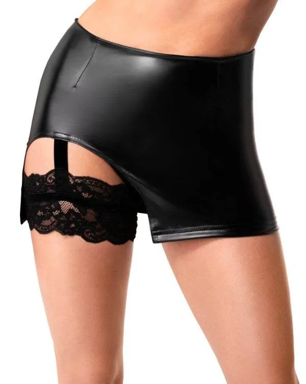 Noir Powerwetlook Minirock mit Straps und Spitzen-Strumpfband, schwarz Noir Powerwetlook Minirock mit Straps in Schwarz – A
