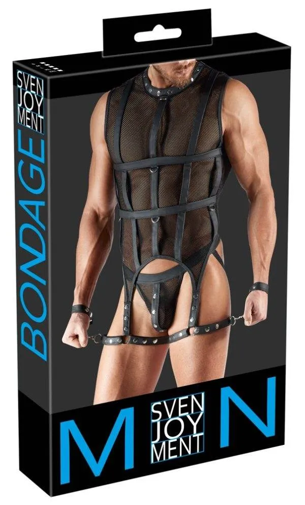 Svenjoyment, Netz-Shirt Set mit Schenkel-Harness und Handfesseln, Schwarz, Bondage – Verpackung