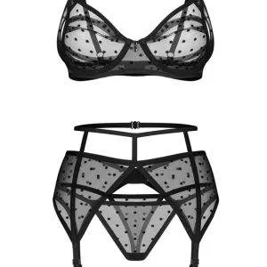 Obsessive Nuites Set in schwarz, Größe S/M, verführerischer Style mit Punkten und Riemen-Details Obsessive Nuites Set in schwarz, Größe S/M, verführerischer Style mit Punkten und Riemen-Details – Hollow B
