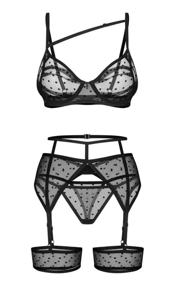 Obsessive Nuites Set in schwarz, Größe S/M, verführerischer Style mit Punkten und Riemen-Details Obsessive Nuites Set in schwarz, Größe S/M, verführerischer Style mit Punkten und Riemen-Details – Hollow B