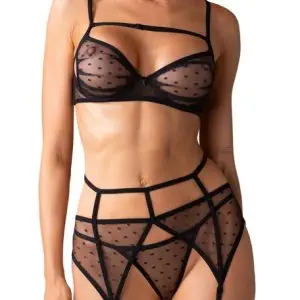 Obsessive Nuites Set in schwarz, Größe S/M, verführerischer Style mit Punkten und Riemen-Details