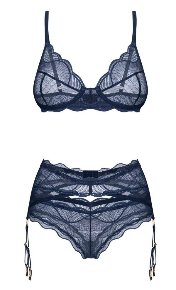 Obsessive Transparentes Set Nightly Blue BH Strapsgürtel String Blu-in-Blau Größe S-XL Obsessive Nightly Blue Dessous-Set, Größe S/M, blau – Hollow B