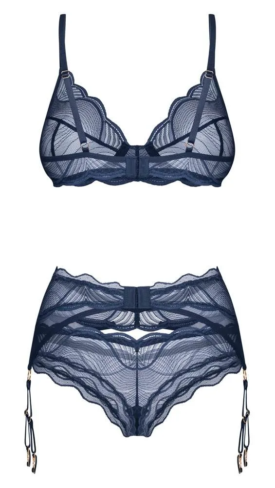 Obsessive Transparentes Set Nightly Blue BH Strapsgürtel String Blu-in-Blau Größe S-XL Obsessive Nightly Blue Dessous-Set, Größe S/M, blau – Hollow Rückseite