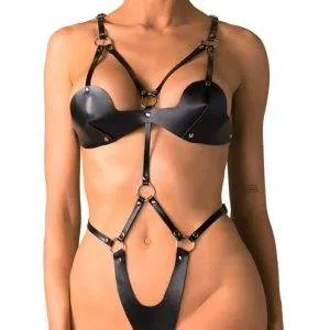 Obsessive Schwarzer Body Ouvert Deluxe - Lederimitat - Harness-Style - Damen Controle – A