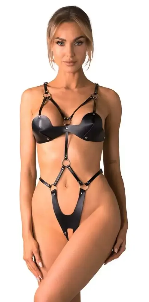 Obsessive Schwarzer Body Ouvert Deluxe - Lederimitat - Harness-Style - Damen Controle – A