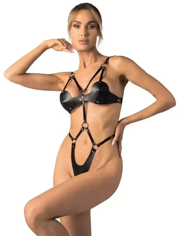 Obsessive Schwarzer Body Ouvert Deluxe - Lederimitat - Harness-Style - Damen Controle – B