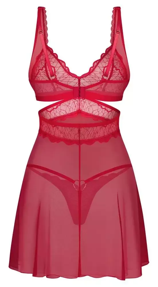 Obsessive Cupide Desir Babydoll-Set in Rot mit goldfarbenen Details Obsessive Cupide Desir Babydoll und String Set in Rot – Hollow Rückseite