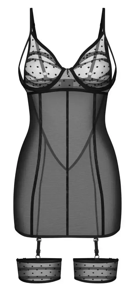 Obsessive Negligé Nuites - Verführerisches schwarzes Negligé mit Punkte-Design, Strapsen und Strumpfbändern, Größe S-XL Obsessive Negligé Nuites - Verführerisches schwarzes Negligé mit Punkte-Design, Strapsen und Strumpfbändern, Größe S-XL – Hollow B